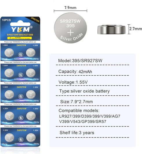 SR927SW 395/399 LR927 AG7 1.55V Silver Oxide Button Battery Replacement for LED Light Watch Batteries 20 Pack...