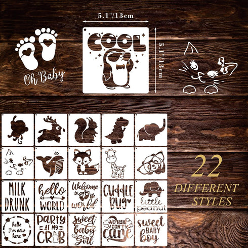 22 Pack 5 Inch Cute Baby Shower Stencils for Onesie Decorating Kit, Small Animals Template Reusable Mixed Phrase Painting Stencils for Boy Girl Ba...