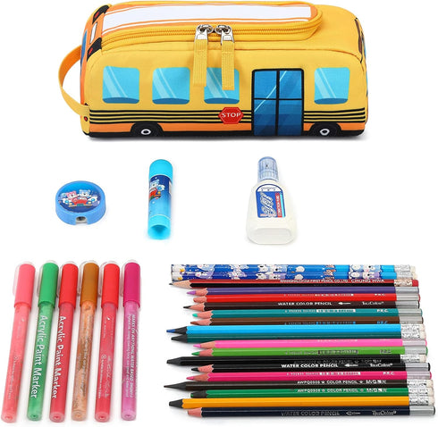 LEDAOU Cute Pencil Case for Kids Girls Boys Pencil Pouch kawaii Pen Pencil Box Bag Holder for School Students (Yellow School Bus)...