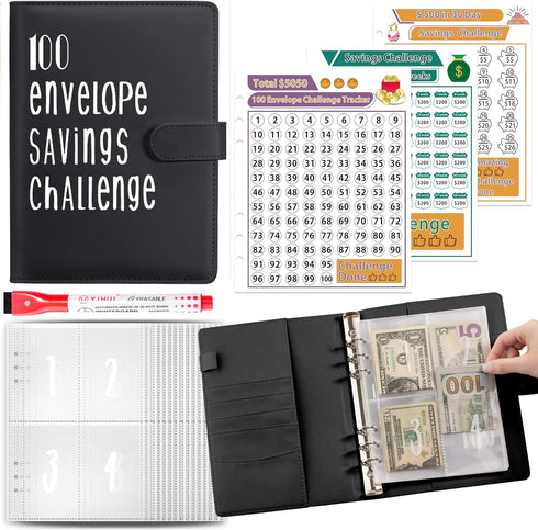 100 Envelopes Money Saving Challenge - $5050 Saving Challenge Kit, 100 Day Envelope Savings Challenge Book with Envelopes, Money Saving Book (Blac...