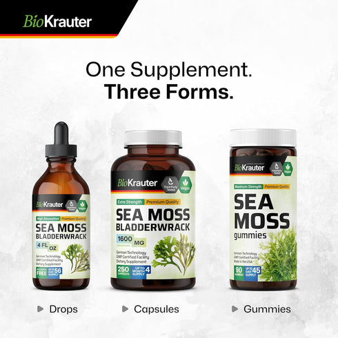 BIO KRAUTER Irish Sea Moss Capsules 1600 mg - 250 Count - Vegan Bladderwrack with Chondrus Crispus Sea Moss Supplement...