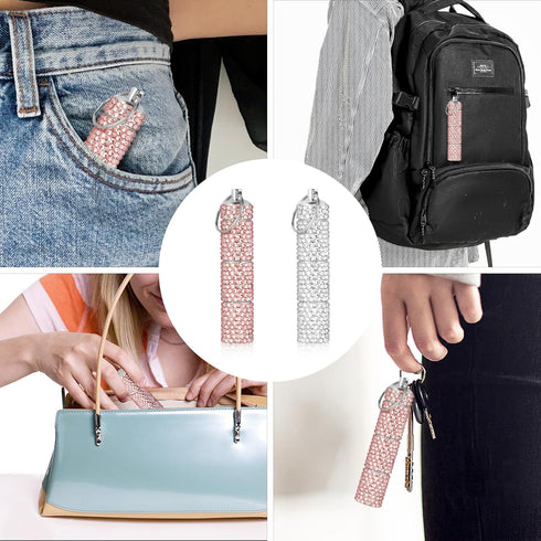 2 Pcs Bling Rhinestone Portable Pill Box, 3 Compartment Keychain Aluminium Alloy Small Travel Pill Organizer Case Container, Reusable Waterproof P...