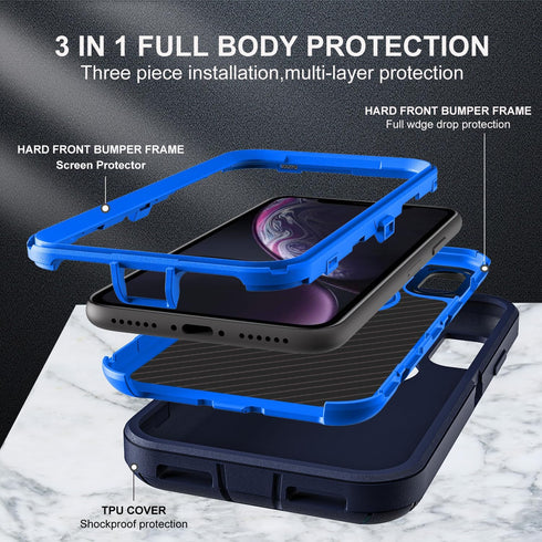 for iphone XR Case, Military Grade 3 in 1 Heavy Duty Shockproof/Drop Proof/Dust Proof Case with 2Pcs Tempered Glass Screen Protector (Navy Blue)...