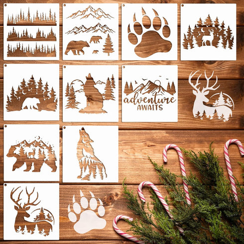 10 PCS Bear Deer Wolf Mountain Stencil Pine Tree Wildlife Forest Animal Stencils Template Wood Burning Stencils Reusable Patterns Moon Claw Stenci...