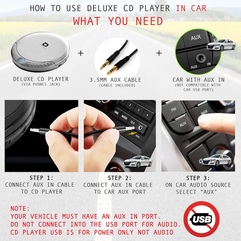 CD Player Portable with 60 Second Anti Skip, Stereo Earbuds, Includes Aux in Cable and AC USB Power Cable for use at Home or in Car. Silver...