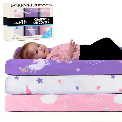 GROW WILD Changing Pad Cover 3 Pack | Soft & Stretchy Jersey Cotton | Baby Changing Table Pad Cover | Diaper Changing Pad Covers for Girls and Boy...