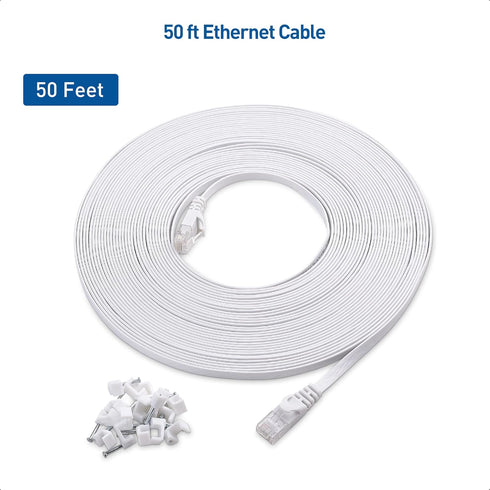 Cable Matters Cat6 Snagless Long Flat Ethernet Cable 50 ft in White with Nail-in Cable Clips...