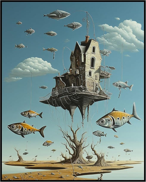 Posterizer 1 pcs-sci-fi flying fish and floating hunted house-Abstract & Modern Art-Fantasy & Fiction Art-Gift for Art Lovers-Decor for Home & Off...