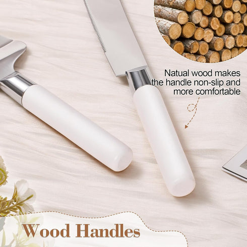 Cake Cutting Set for Wedding, Wood Cake Knife and Server Set, Vintage 2-Piece Pie Cake Cutter, White Pizza Dessert Utensils Bridal Anniversary Bir...