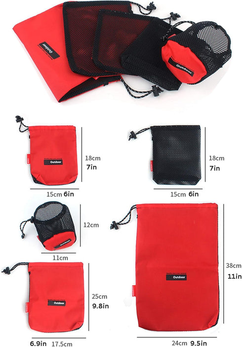 Drawstring Bags Pouch/Ditty Bag/Mesh Stuff Sack Camping Cord Bag Storage 5-in-1 Travel Use Nylon 5 Pieces (Red)...