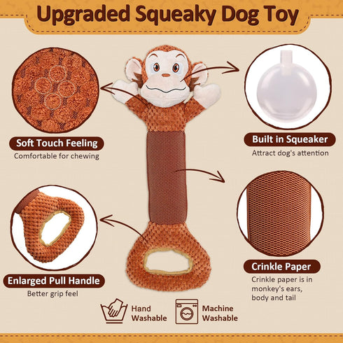 Large Squeaky Dog Toys, Interactive Plush Toys for Tug of War, Crinkle Dog Toy Suitable for Small, Medium and Big Dog Breeds (Monkey)...