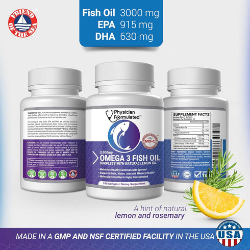 Fish Oil Omega 3 3000mg per Serving - 915mg Epa, 630mg Dha, 2000mg Total Omega 3 6 9 XL - 180 Capsules...
