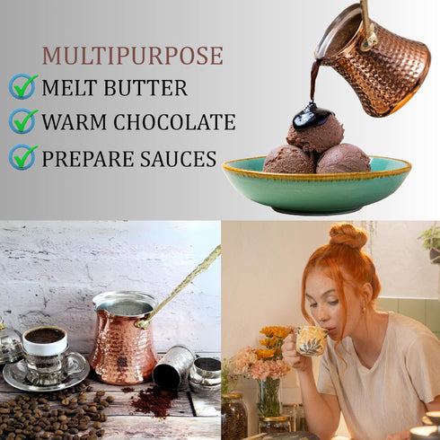 Hakan Turkish Coffee Pot | Stove Top Water Boiler, Coffee Maker, Butter, Chocolate & Milk Warmer | Even and Quick Heat with Handcrafted Copper Mat...