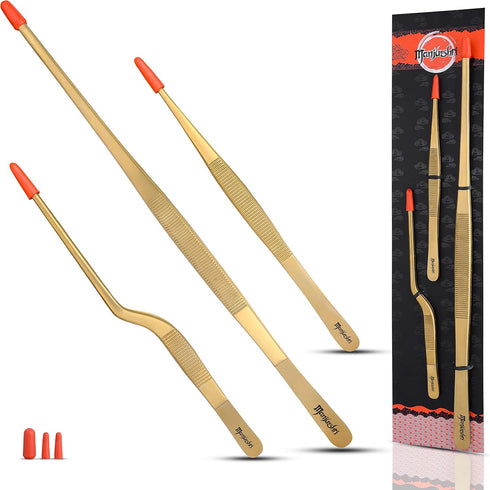 Manjushri Premieum Grade Steel Chef Food Cooking Plating Kitchen Baking 12 Inch XL Long Gold Tong Tweezer Tool Set...