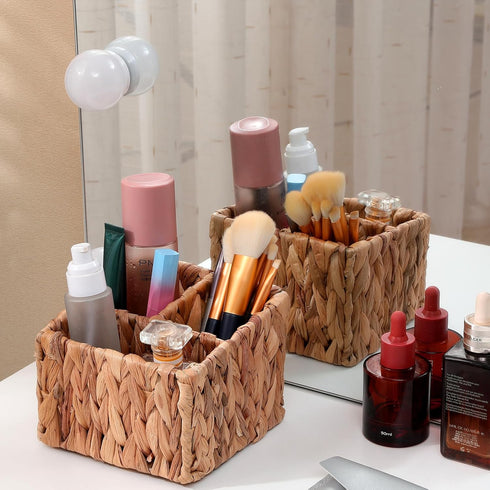 Remote Control Holder Wicker Desk Organizer Divided Storage Basket,Hand Woven Cosmetic Storage Box with 3 Compartments,Water Hyacinth Remote Contr...