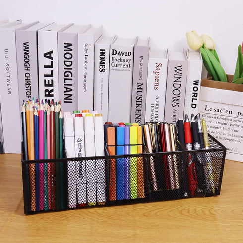 Black Mesh Pen Pencil Holder, Small Metal Desk Organizer Desktop Stationery Office Supplies Acessories Storage Stand, 5 Compartments Brushes Holde...