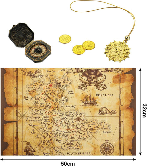Gejoy Halloween Detailed Pirate Treasure Map Vintage Gold Secret Sea Historical Theme Party Accessory, Compass Necklace Plastic Coins Toy Pirate T...