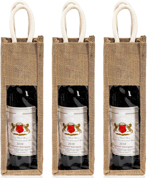 Peohud 3 Pack Burlap Wine Bottle Bags, Jute Wine Gift Bag with Window and Handle, Reusable Wine Carrier Tote Bags for Wedding Birthday Party Chris...