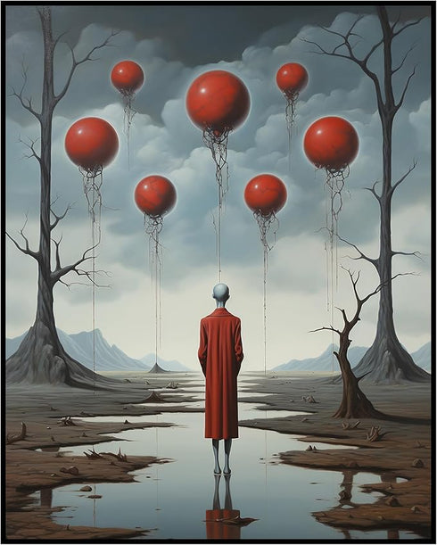 Posterizer 1 pcs-Lonely Alien Observing Floating Balloon Orbs-Abstract & Modern Art-Fantasy & Fiction Art-Gift for Art Lovers-Decor for Home & Off...