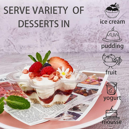 50ct 8oz Clear Plastic Dessert Cups with Spoons, Disposable Flower Shaped Ice Cream Bowls, Party Sundae Serving Bowls for Ice Cream, Nuts and Sala...
