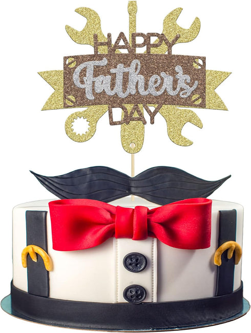 Gyufise 1Pcs Gold Glitter Tool Construction Theme Happy Father's Day Cake Topper Happy Birthday Dad Cake Decorations Best Dad Ever Decor Topper fo...