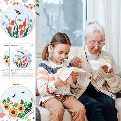 Yinder Embroidery Starter Kit for Beginners 5 Set Cross Stitch Kits for Adults with Floral and Bee Pattern Include 2 Embroidery Hoops, 5 Embroider...