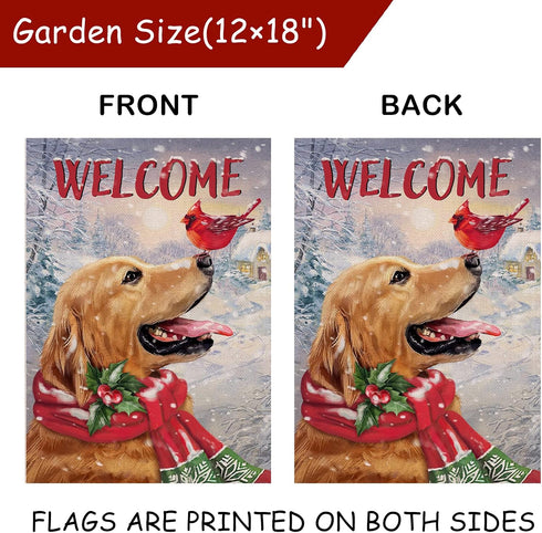 Welcome Winter Golden Retriever Dog Decorative Burlap Garden Flag, Puppy Cardinal Pet Home Yard Small Outdoor Decor, Christmas Snowy Outside Decor...