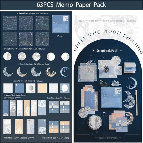 Doraking 63PCS Moon Embellishment Scrapbook Paper Packs for Journaling Supplies, Material Papers Memos Stamps Cards for Journals Planners Aestheti...
