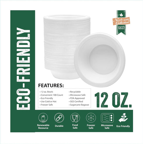 Nicole Home Collection Compostable Heavy Duty 12 oz Disposable Paper Bowls 100% Bagasse Biodegradable Eco-Friendly Natural Sugarcane 100 Count...