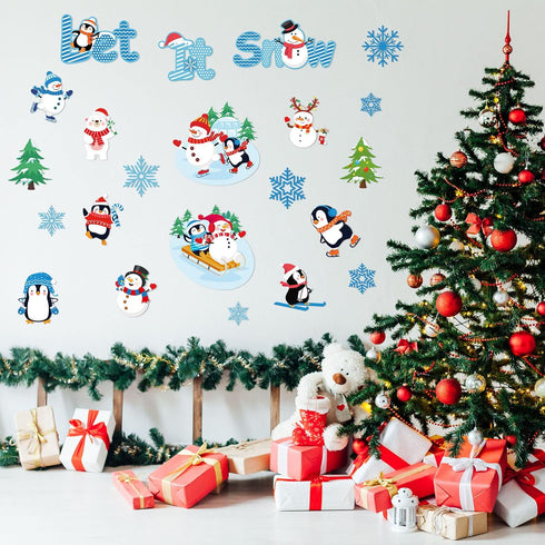 62 Pieces Winter Bulletin Board Decorations Penguin Snowflake Snowman Cutouts Christmas Tree Cutouts Winter Snow Bulletin Board Set with Glue Poin...