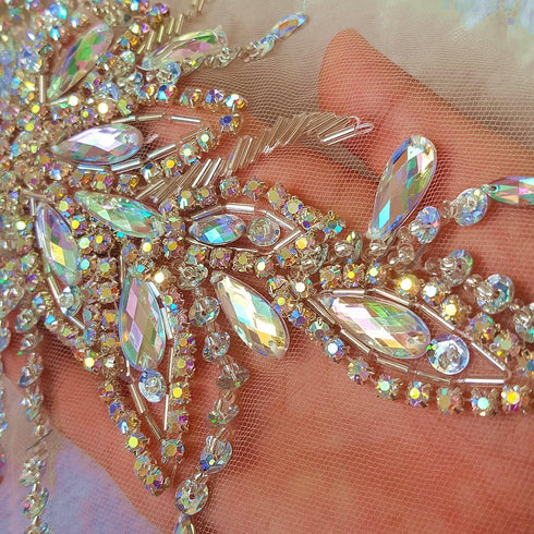 Exquisite Uniquely Pure Handmade AB Colour Bright Crystal Patches Sew-on Rhinestones Applique with Stones Sequins Beads for Wedding Dress DIY Manu...