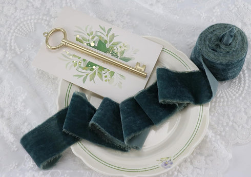 Dusty Blue Velvet Ribbon 2 Inch x 3 Yards Frayed Edge Silk Velvet Ribbon Hand Torn Blue Ribbon with Raw Edge for Bridal Bouquet, Invitations, Wedd...