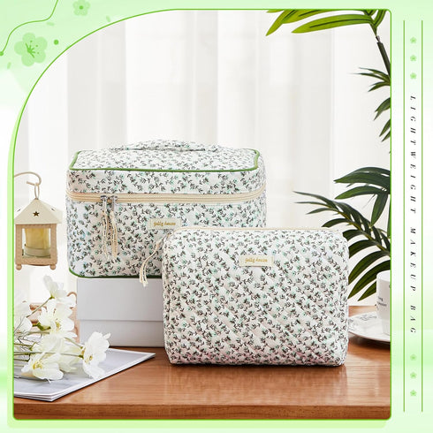 2 Pcs Cotton Quilted Makeup Bag, Large Travel Coquette Cosmetic Bag, Aesthetic Cute Floral Cherry Peony Toiletry Organizer skincare Bag for Women ...
