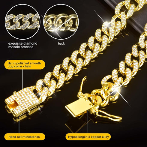 Dog Chain Collar Diamond Link Dog Collar Walking Dog Necklace Metal Cat Chain with Secure Buckle Pet Crystal Collar for Small Medium Large Dogs Ca...
