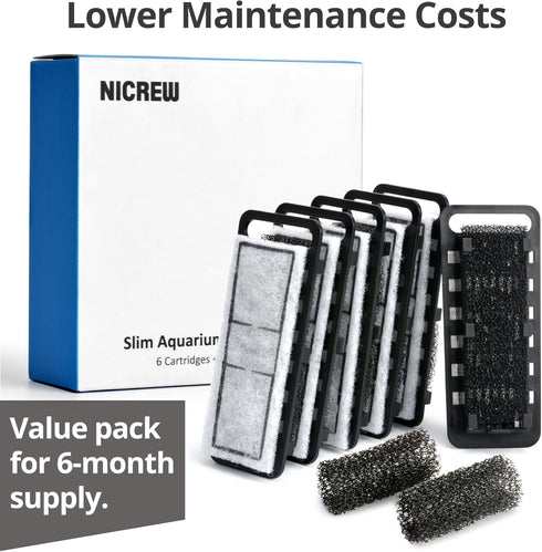 NICREW Slim Aquarium Filter Cartridges (6 pcs) with Intake Sponges (2 pcs)...
