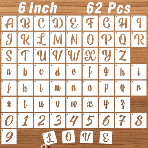 6 Inch Letter Stencils for Painting on Wood, 62 Pcs Calligraphy Alphabet Stencils and Number Stencils, Cursive Lettering Stencil Upper and Lowerca...