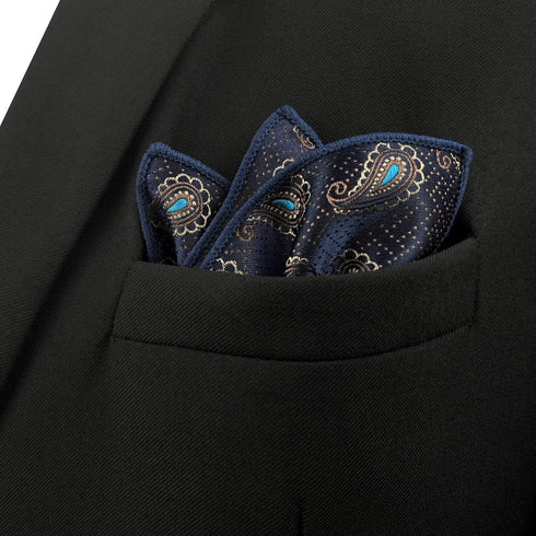 S&W SHLAX&WING Pocket Squares for Men Dark Blue Brown Paisley...