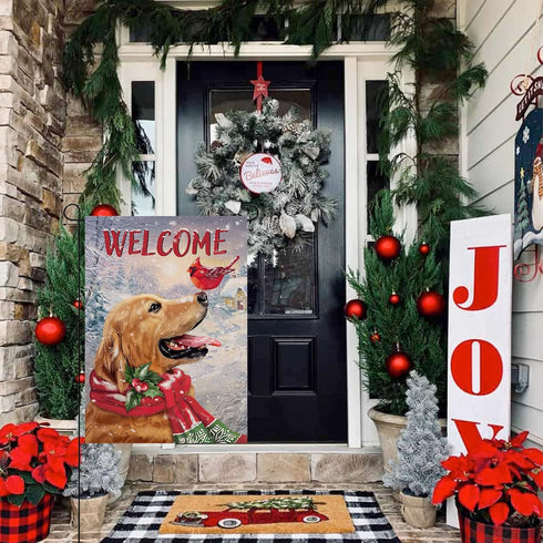 Welcome Winter Golden Retriever Dog Decorative Burlap Garden Flag, Puppy Cardinal Pet Home Yard Small Outdoor Decor, Christmas Snowy Outside Decor...
