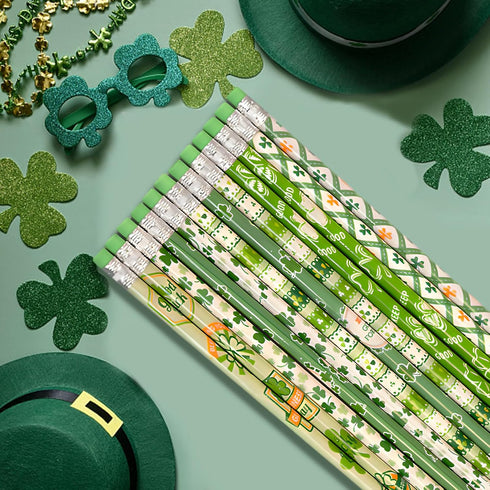 48 Pack St. Patrick's Day Themed Pencils, 12 Styles Green Shamrock and Leprechaun Design, Perfect for Party Favors, Classroom Rewards, and Irish F...