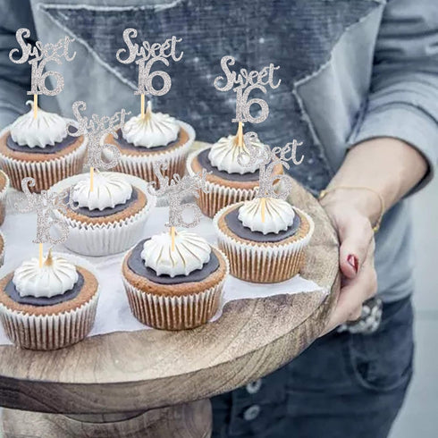 Ercadio Silver Sweet 16 Cupcake Toppers Glitter Age Sixteen Cupcake Picks 16th Birthday Party Cake Decorations Supplies 24 PCS...