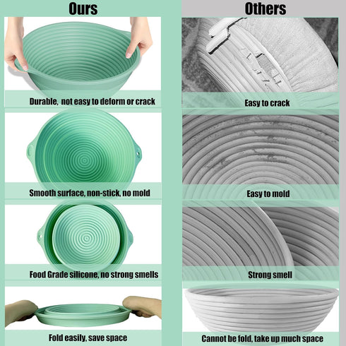 Bread Proofing Basket, 9in Silicone Sourdough Baking Bowl with liner Thick Foldable Reusable Handmade Bread Making Supplies for bakers (Light Gree...
