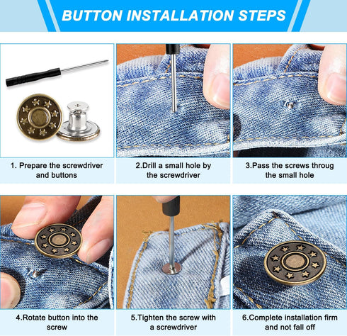 60 Sets Buttons for loose Jeans,17mm+20mm No Sew Metal Button Extenders for Jeans,10 Patterns Adjustable and Reusable Instant Jean Button Replacem...