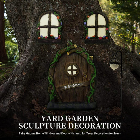 Fairy Garden Accessories Yard Garden Sculpture Decoration Gnome Home Window and Door with lamp Decoration for Trees...