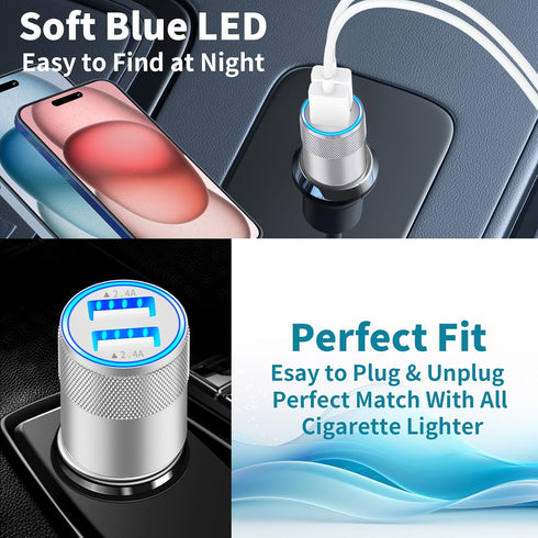 ?MFi Certified?iPhone 15 Car Charger Fast Charging, Rombica 4.8A Dual USB Car Power Cigarette Lighter USB-C Car Charger + 2Pack Tyep-C Cable for i...