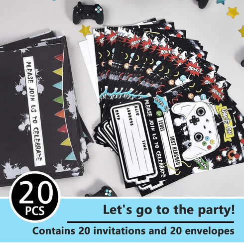 WERNNSAI Watercolor Video Game Party Invites - 20 Set Fill-in Invitations with Envelopes for Boys Game Theme Birthday Party Supplies Double-Sided ...