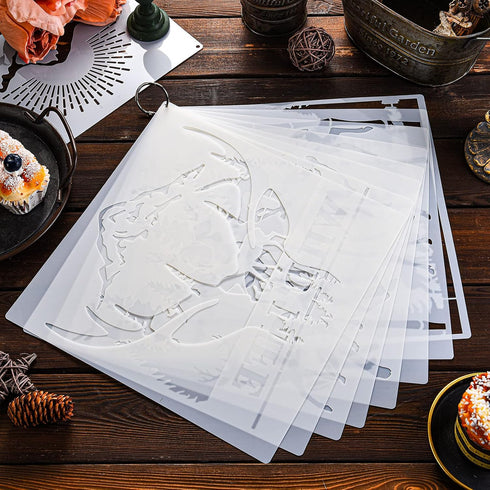 9 Piece Forest Deer Wolf Mountain Stencils Moon Bamboo Pattern Animal Flower Reusable Templates Forest Theme DIY Stencils with Metal Open Ring for...
