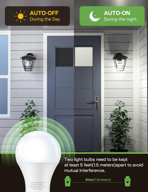 Dusk to Dawn Sensor LED Outdoor Light Bulb, Daylight White 5000K, A19 13W(100 Watt Equivalent) Bright Porch Lighting, 1200LM, Auto-On/Off Photocel...