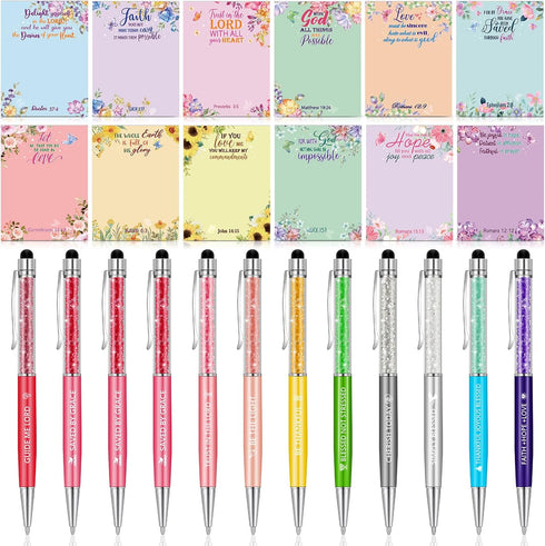 24 Pcs Biblical Sticky Notes Christian Stylus Ballpoint Pens Bible Verse Pens 3 x 4 Inch Religious Sticky Note Pads with Pen Set for Reminders Stu...