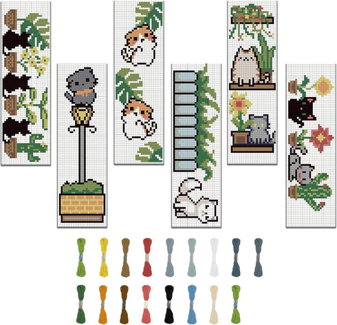 FREEBLOSS 6 Set Bookmark Cross Stitch Kits Stitch Bookmark Cross Stitch Kits with Instructions Cartoon Cat Pattern Punch Needle Kit for Beginners ...