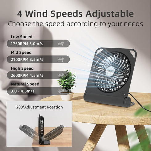 AMKEN Small Table Fans - Powerful USB Fan Desk Fan 4 Speeds Adjustable - 200° Tilt Folding Quiet Operation for Office Bedroom Home Desktop Camping...